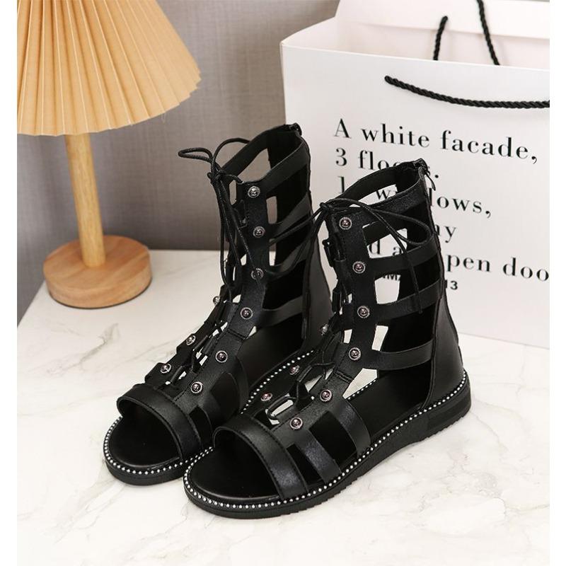 2025 New Hollow Casual Sandalias Open Toe Cross Strap Ladies Shoes Wedges Summer Roman Black Sandales Boots Large Size 35-43