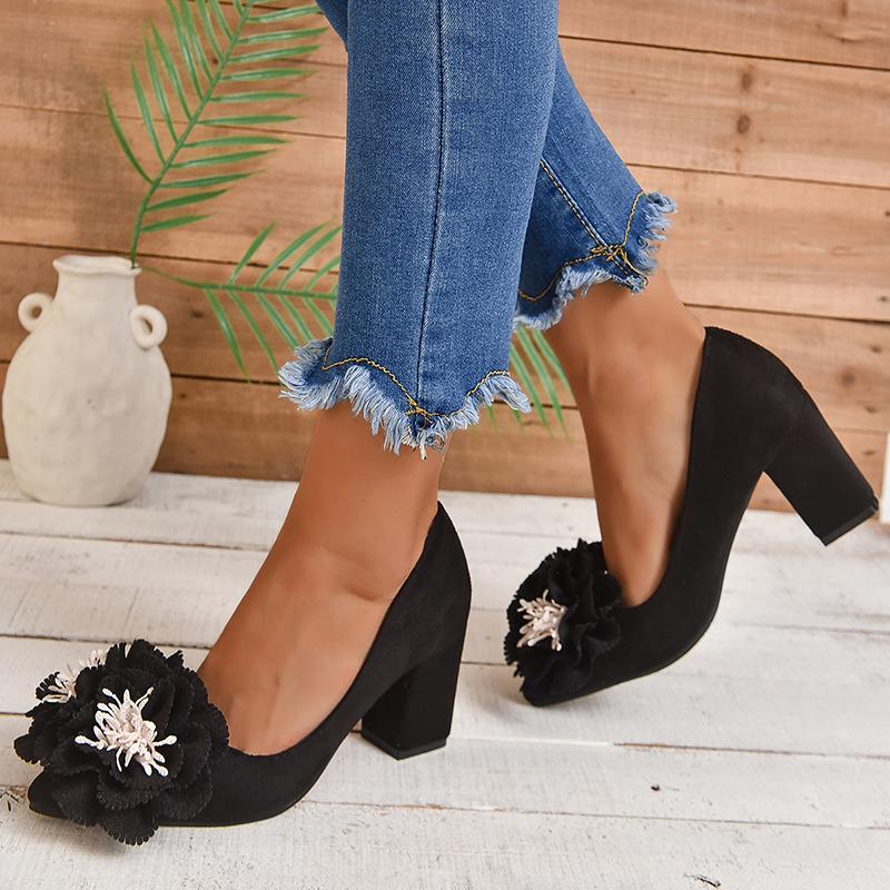 Aphixta Big Flowers With Stamens 7cm Square Heels Pumps Women Students And Adults Pointed Toe Flock Suede Shoes Plus Size 30-50