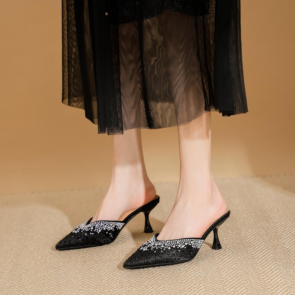 Баотоу напіввідкриті туфлі для жіночого літнього взуття нові стрази тонкий каблук гостроносі високі підбори для жіночих модних босоніжок