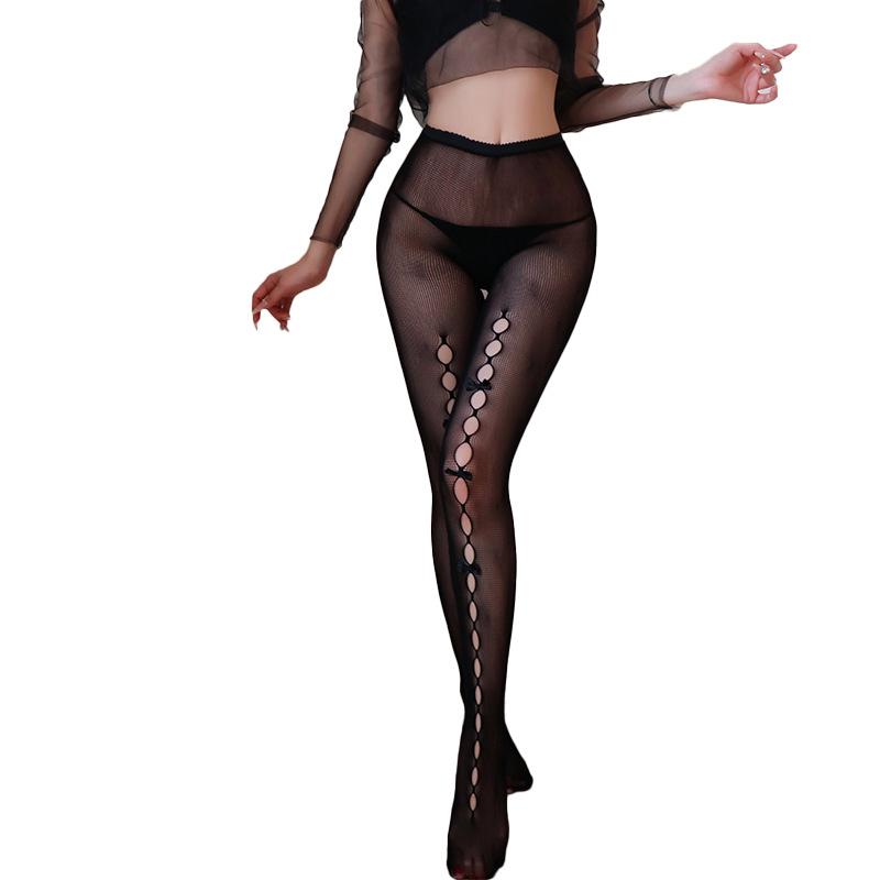 Lolita Style Sexy Mesh Socks with Bow Trim Ultra Elastic Fishnet Crotch Sexy Pantyhose