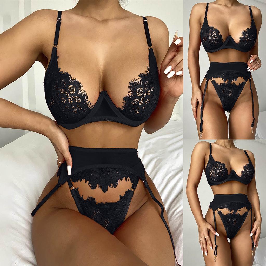 3PC Flower Lace Women Sexy Lingerie Wireless Bra + Thong + Gareter Pajamas Set