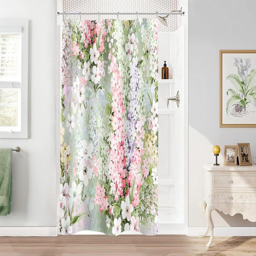 Purple Floral Shower Curtain,Colorful Flower Fabric Shower Curtain for Bathroom, Pretty Funky Watercolor Cloth Shower Curtain