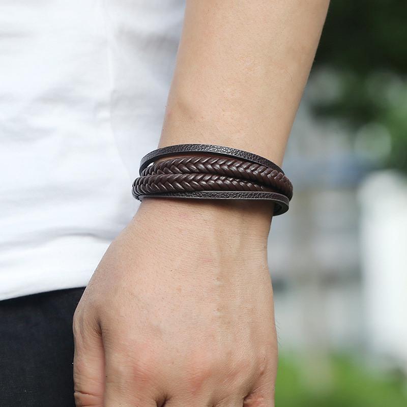 Multilayer Stacking Leather Bracelet Men Handmade Braided Black Silvery Magnetic Buckle Durable Charm Armband Homme Casual Joias