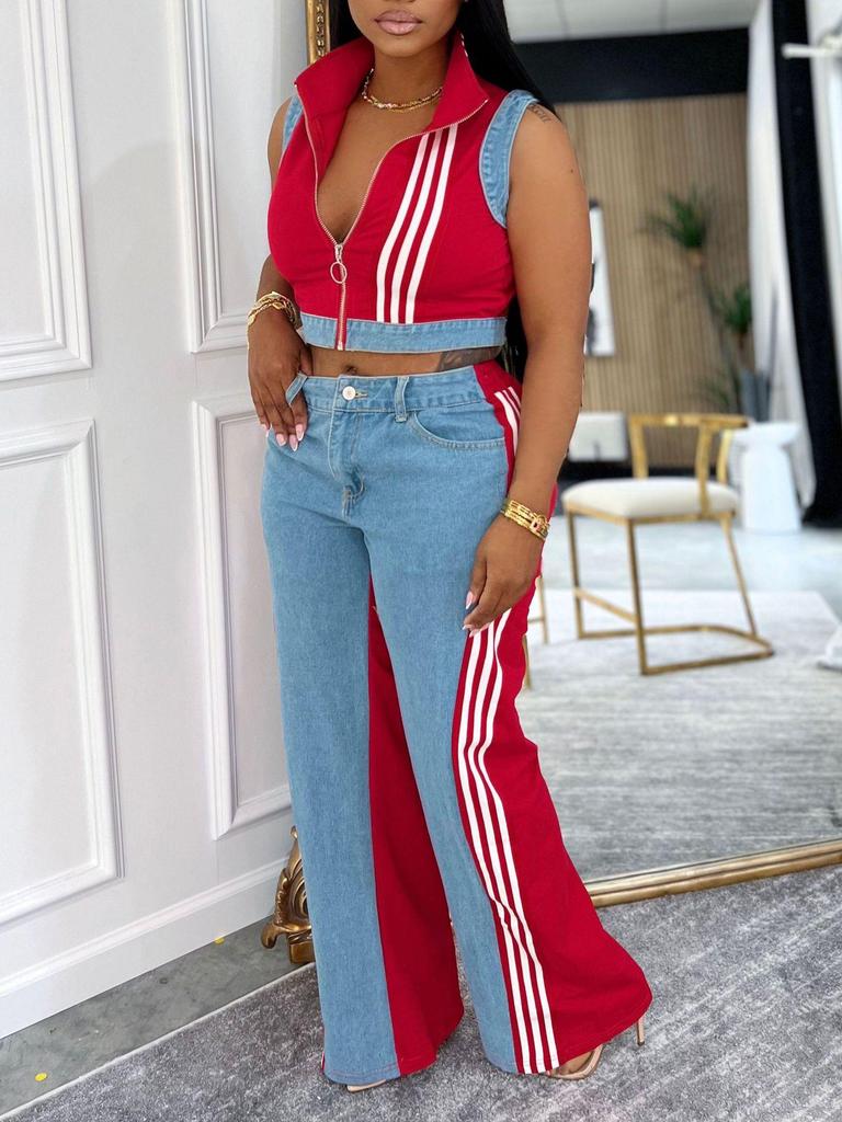European and American Women's Sleeveless Patchwork Striped Jeans Two-piece Set - Summer Collection