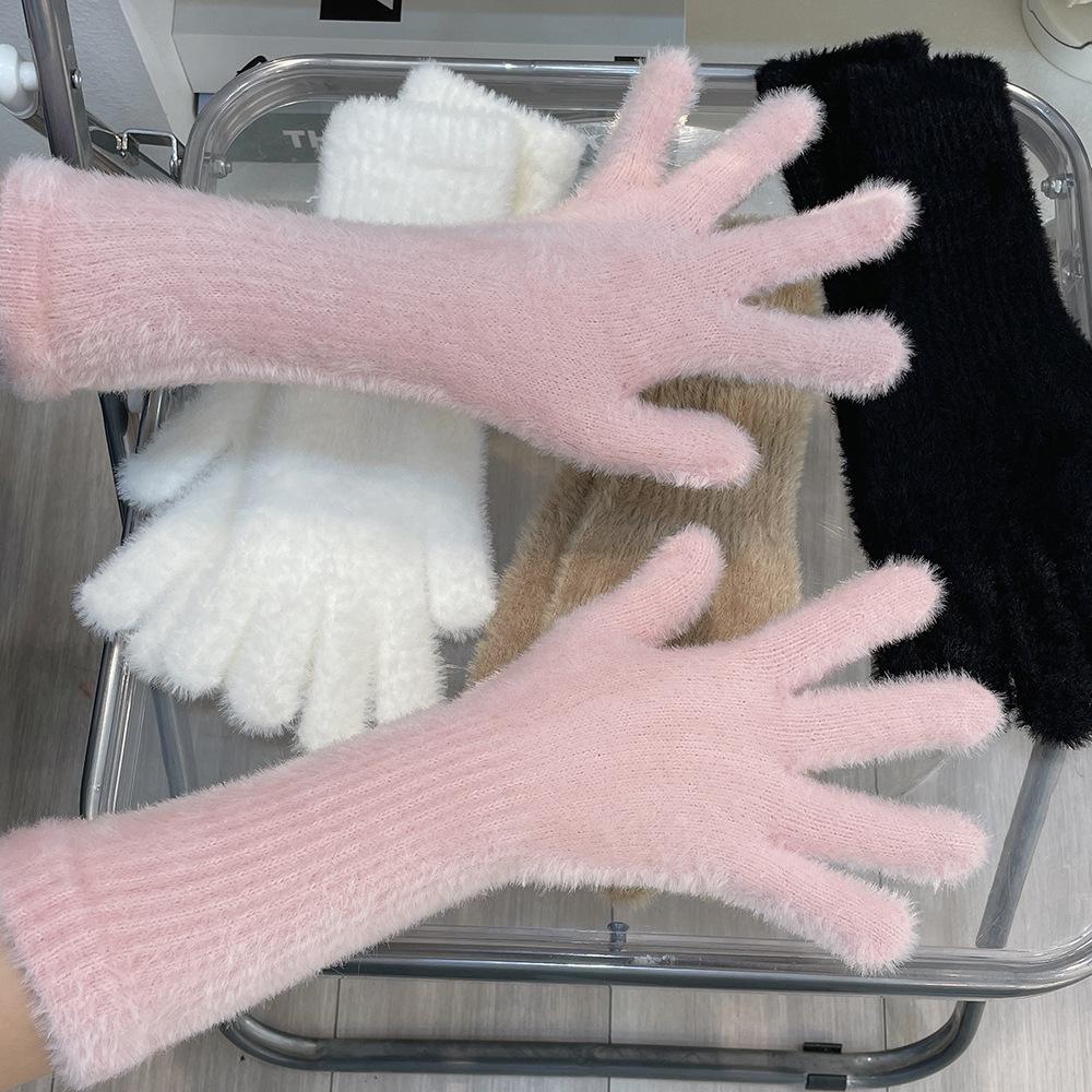 Windproof Faux Fur Gloves Warm Winter Women Mittens Soft Plush Knitted Gloves  Outdoor