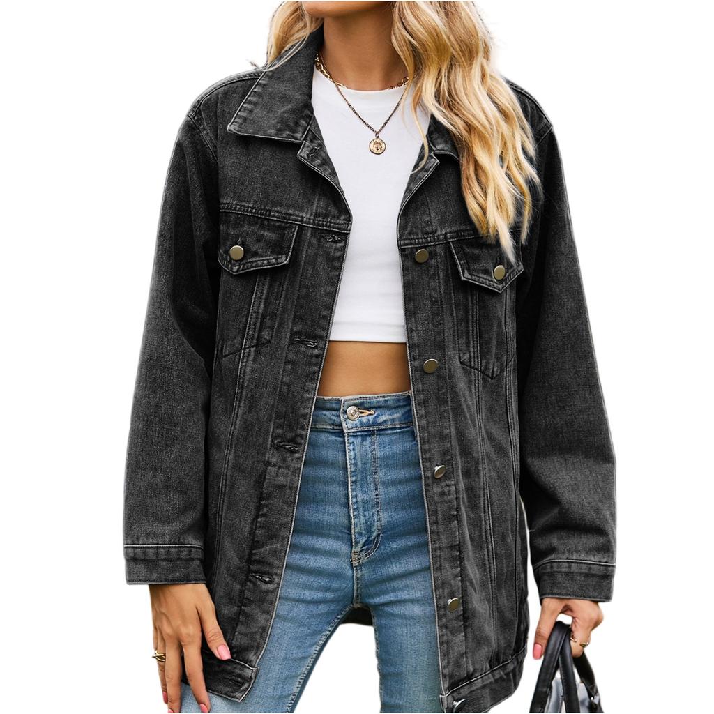 Women's Fashionable Versatile Classic Retro Solid Color Lapel Long Sleeved Pocket Loose Denim Jacket