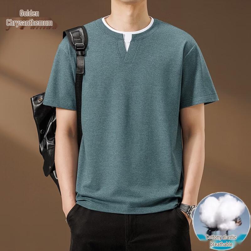 Men s Luxury Faux Two-Piece Henley T-Shirt 2XL