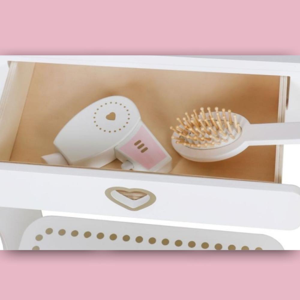 Wooden girl's dressing table, mirror, accessories, white, elegant, neutral