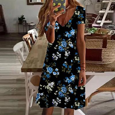 Summer Fashion Women's V Neck Short Sleeve Flower Printed  Dress Sex Short Skirt Dresses