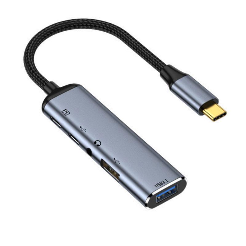 

USB-C Hub Adapter Type-C to 2xUSB +Type-C+3.5mm Jack+ PD 100W Dock Station As Shown A