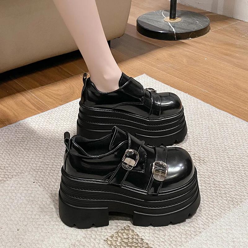 10CM Heels Women Leather Loafers Fad Designer Belt Buckle Lady Mary Jane Shoe Retro British Thick Sole Casual Shoe Zapatos Mujer