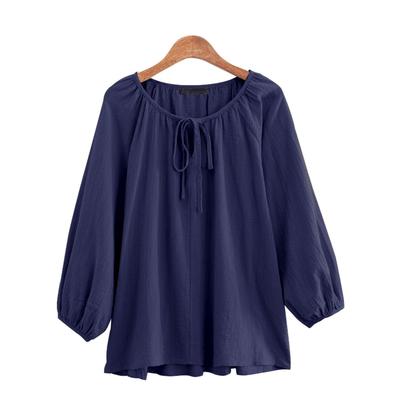 Blusas de Outono Femininas Senhoras Casual Gola Redonda Manga 3/4 Laço Blusa Camisa Algodão Puro