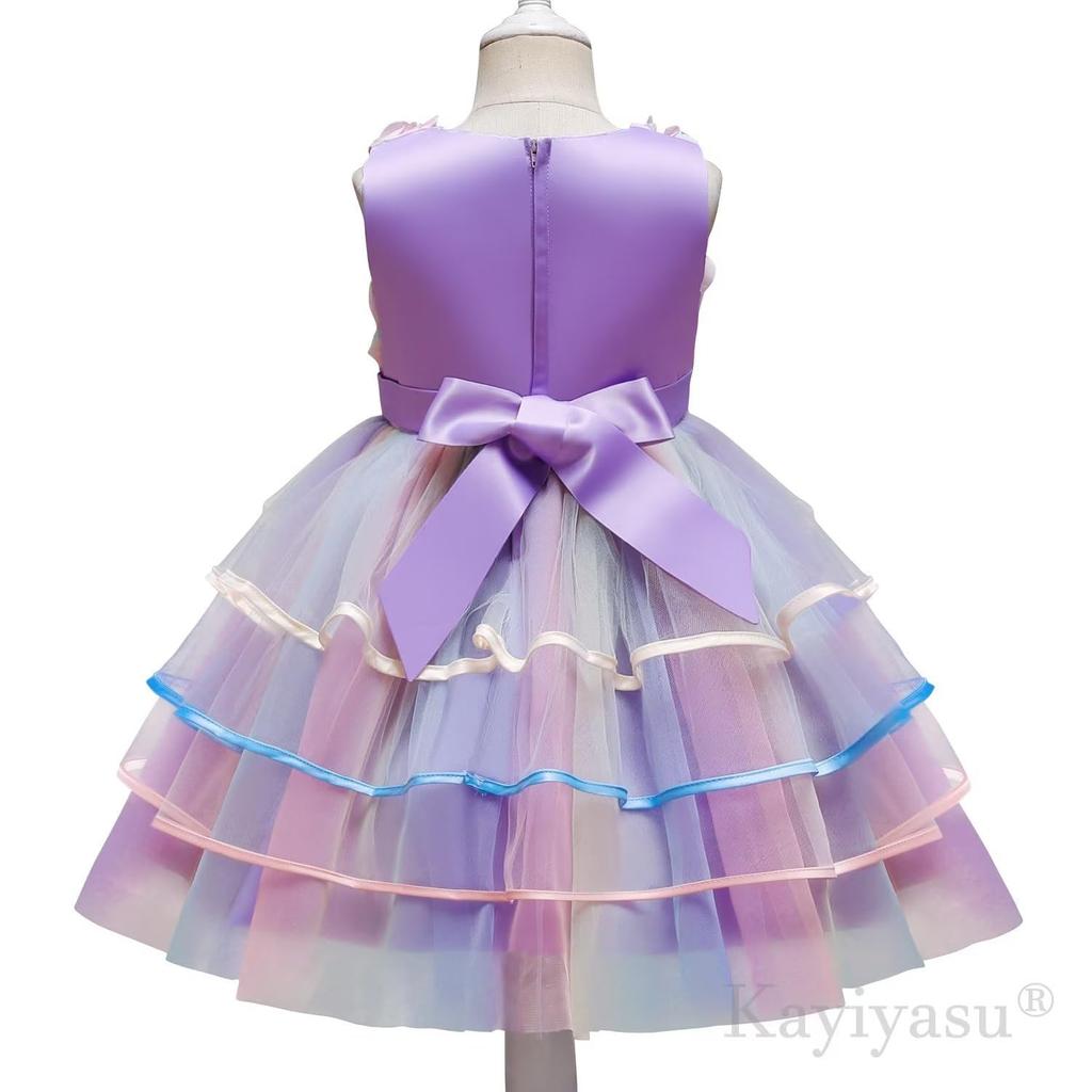 Kayiyasu Formal Dress with Tulle Rainbow Floral Print and Perfect for Kindergarten Entrance Piano Ages Light Girls' Skirt, Bow, Ceremonies, Recitals,