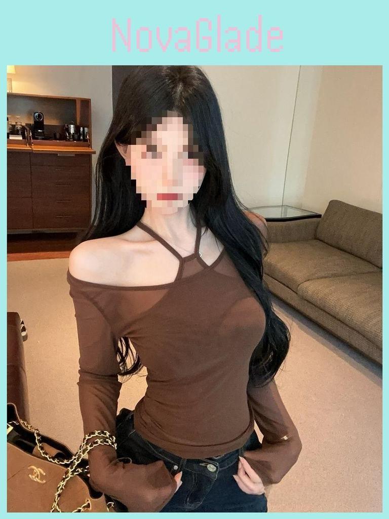 Oversize Womens Mesh Long Sleeve T Shirt With Oneshoulder And Embroidery For Fall Fashion