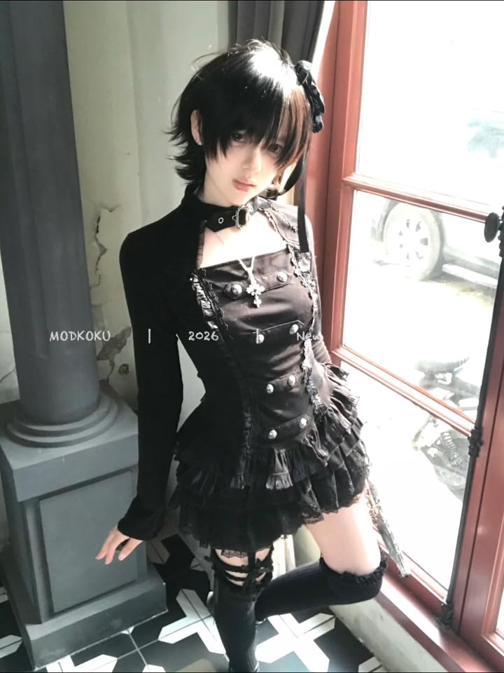 Gothic Set for Top and Skirt Double Button Top Mini Subculture Y2K Open Idol Long Winter XL [MODKOKU] 2-Piece Women Set, & Skirt, Style, Tiered,