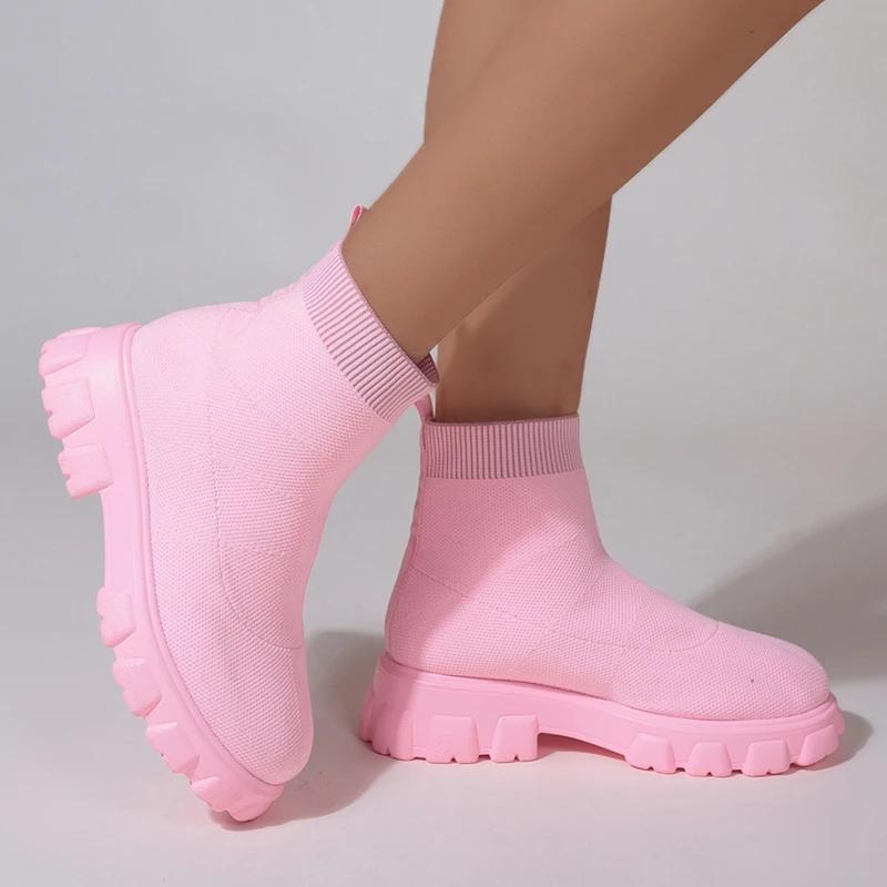 Brand Women Ankle Boots Lightweight Casual Shoes For Women Wedge Fashion Sock Boots Knitting Winter Medium Tube Platform Boot