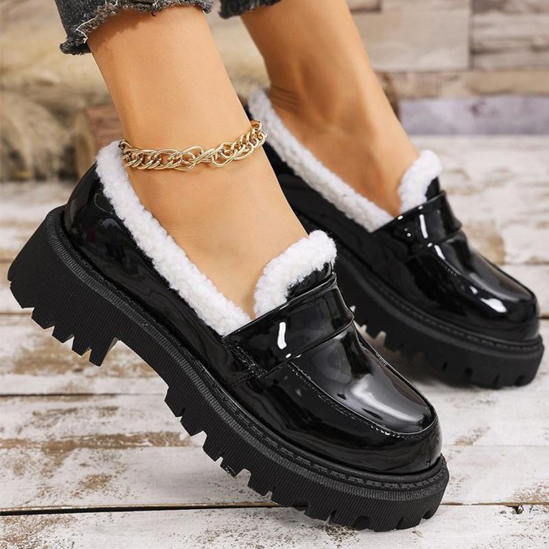 

Модные утепленные лоферы из короткого плюша, женские зимние туфли слипоны из искусственной ПУ кожи, теплая обувь для женщин, большой размер, платформа, хлопковые туфли, женские 43 чёрный