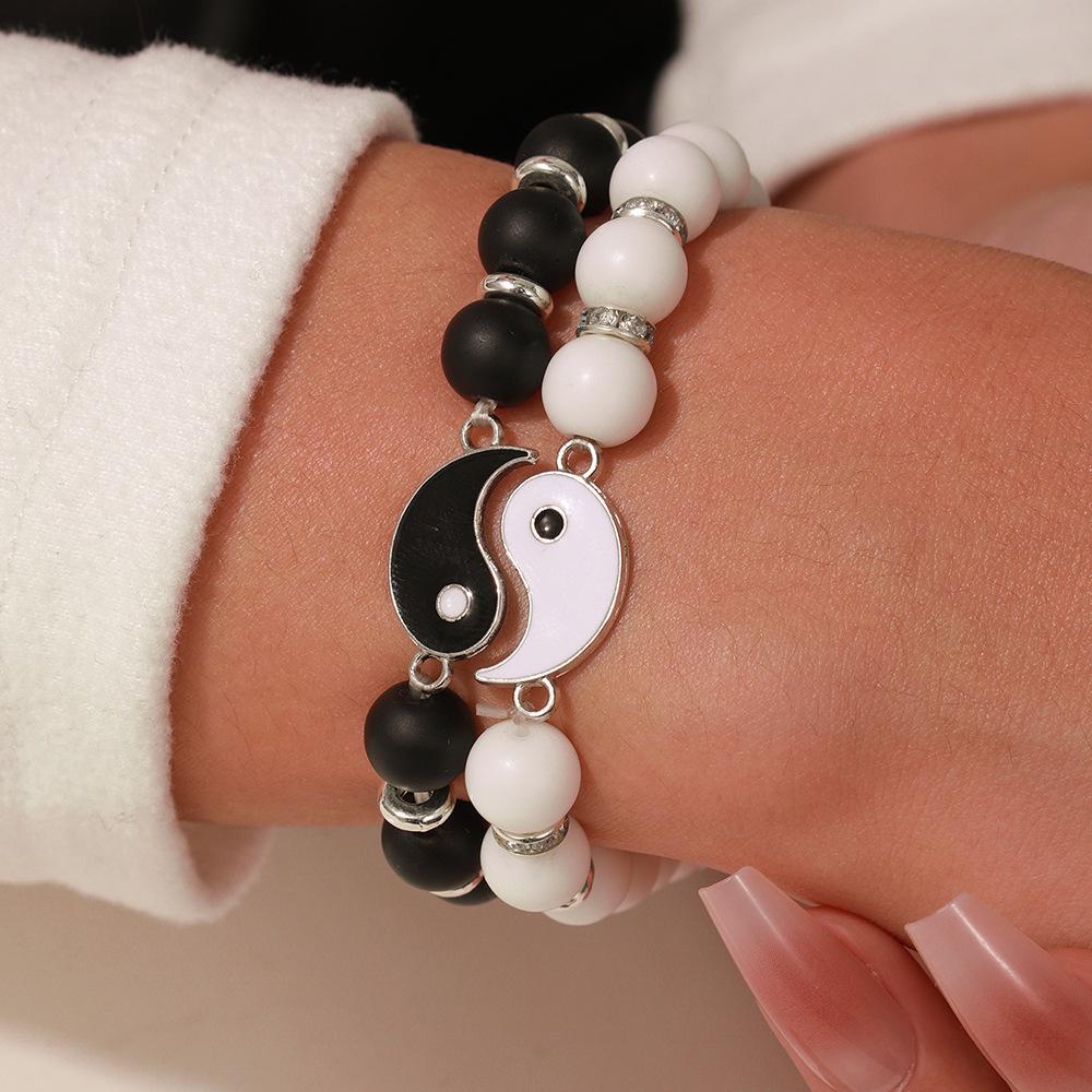 Matte Black Cubic Zirconia Ball & UFO Pendant Braided Bracelet Set