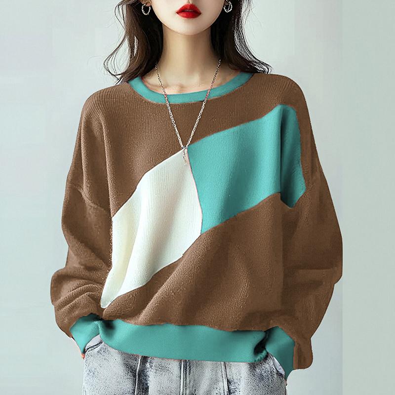 ZANZEA Women Casual Round Neck Long Sleeve Color Block T-Shirts