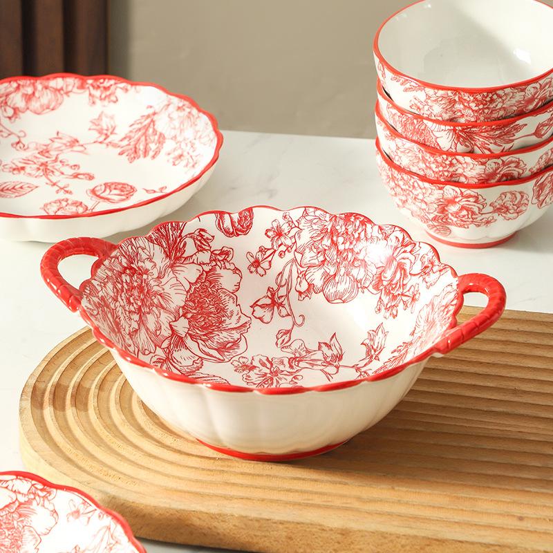 Bowl Set, Red Rose Household Chinese Wedding Housewarming Gift, Ceramic Bowl Wedding Gift Box Set