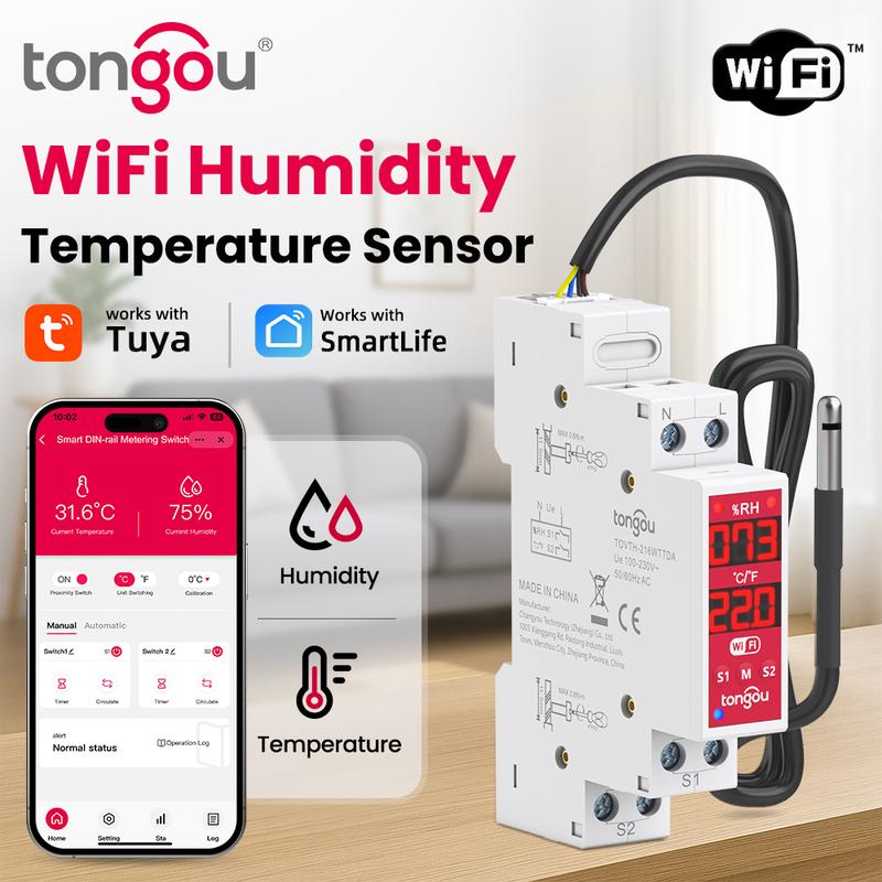 Tuya Temp & Humidity Sensor WiFi 2-Gang Smart Switch 18mm DIN Rail with , 3840W AC/300W DC, Timer, Smart Life/Alexa/Google