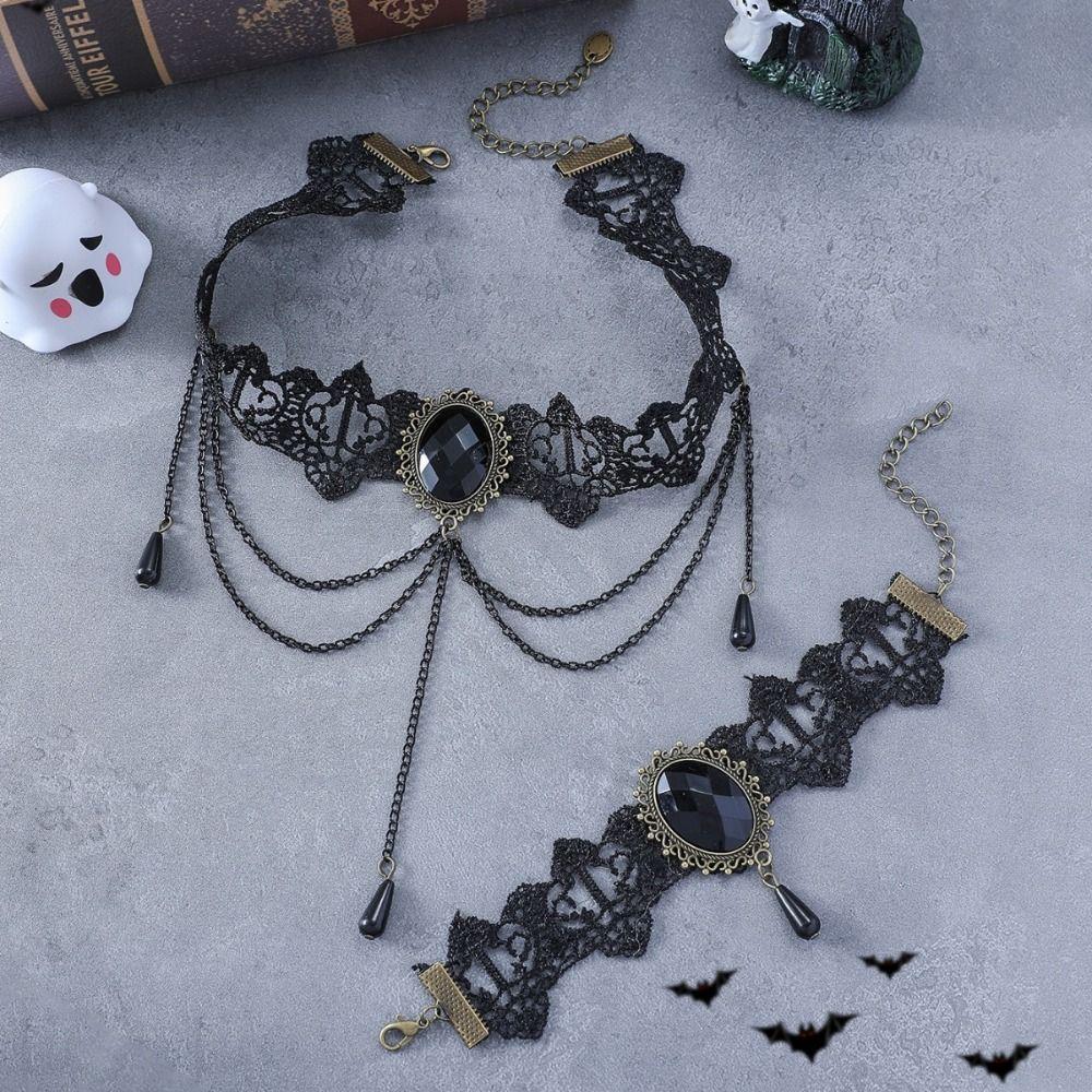 Exaggerated Halloween Necklace Punk Style Gothic Earrings Cool Lace Flower Jewelry Set  Festival