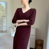 Women's Mid-length V-neck Cashmere Sweater Dress - Slim Fit, Medium Sleeves