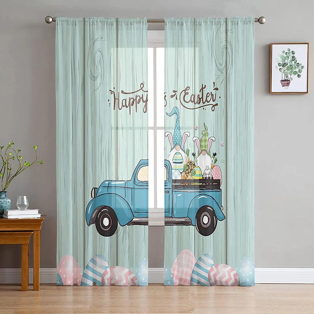 Easter Bunny Tail Wood Curtain Colorful Eggs Happy Transparent Voile Curtains Living Dining Room Bedroom Drapes Light Filtering For Sleeping Area