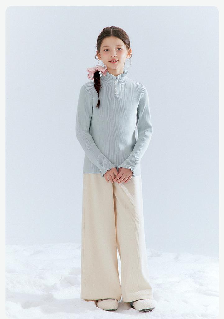 Girls' Half High Collar Knitted Ruffle Edge Sweater