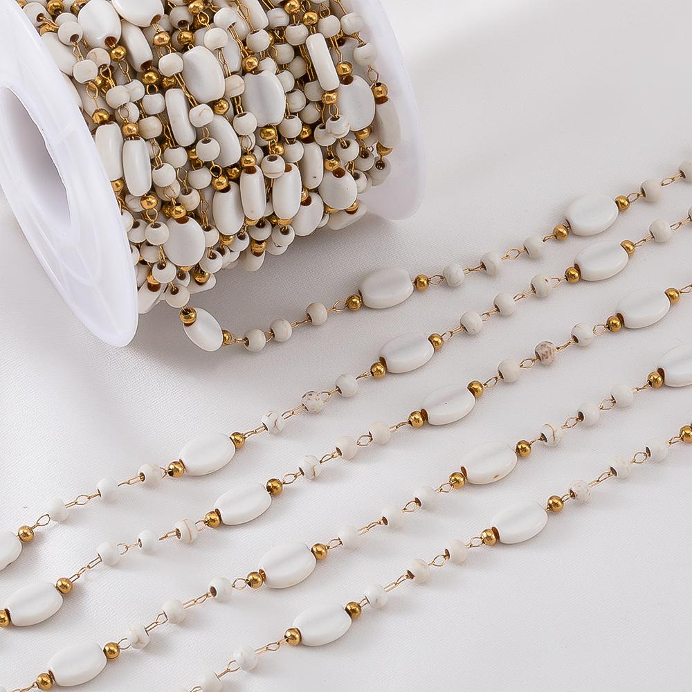 

0.5Meter 1M Boho Stainless Steels Beach White Flat Round Natural Stone Chain Bracelet Neckalce Supply Jewelry Making Accessories 0.5meter
