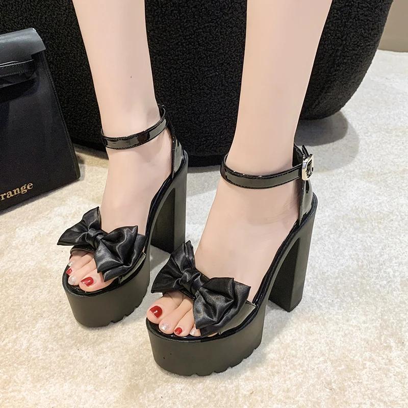 Fashion Women Sandals 2025 New Summer Shoes Trend Black White Fashionable Butterfly-KnotHigh Heels Leisure Chunky Platform Sandals Woman