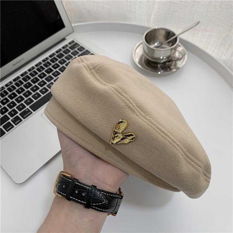 Cotton Soft Winter Beret Women Heart Metal Detail Cozy Sweet And