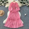 French Retro Lantern Sleeves Pleated Dress Women's Waist and Thin A-shaped Long Dress Lady Style Level Long Dress