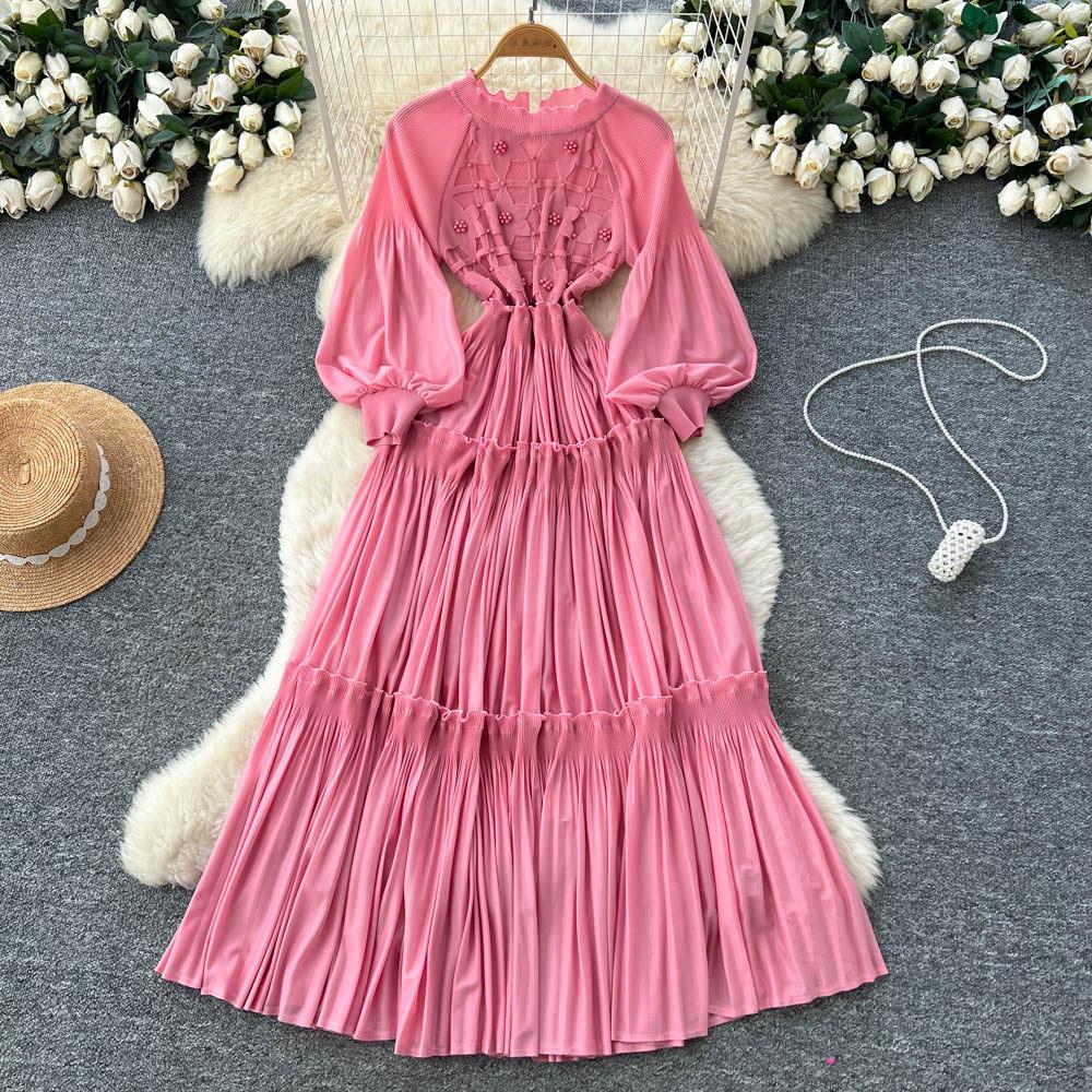 French Retro Lantern Sleeves Pleated Dress Women's Waist and Thin A-shaped Long Dress Lady Style Level Long Dress