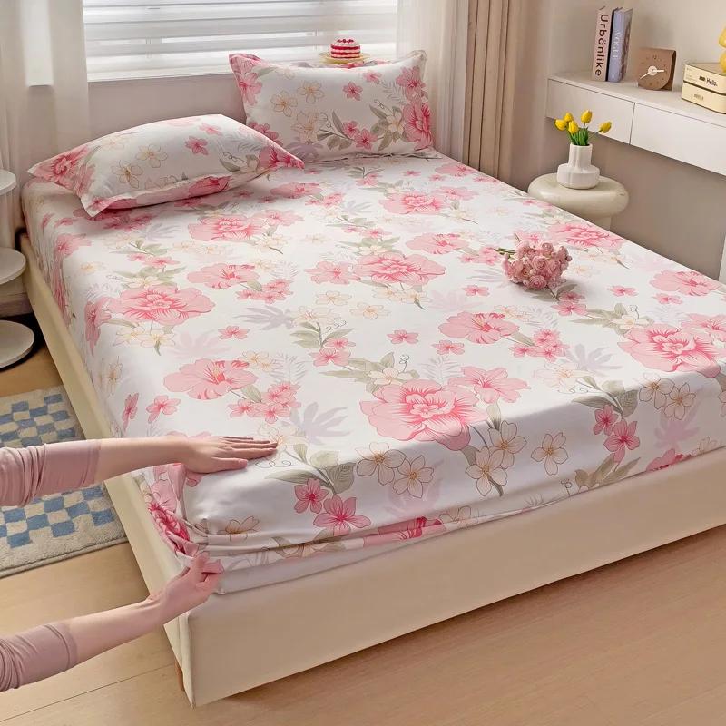Pink Blooming Flowers Pattern Fitted Sheet Set 3Pcs Romantic Skin Friendly Comfortable Soft Mattress Cover with Elastic Band