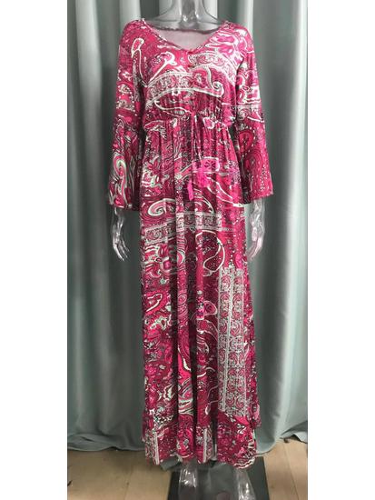 2023 Bohemian Style V-Neck Bell Sleeve High Waist Floral Vacation Dress for Women