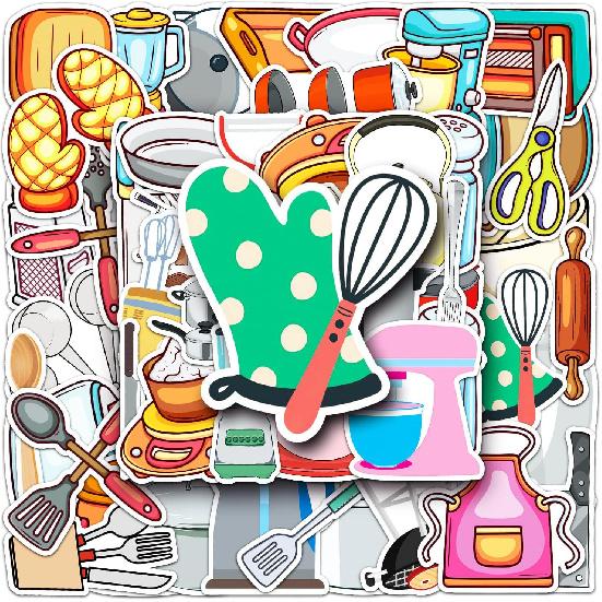 Daily Kitchen Stickers,50pcs Baking Stickers,Kitchen Sticker, Pot Sticker,for Water Bottle,Waterproof Vinyl for Laptop Computer Phone Bumper