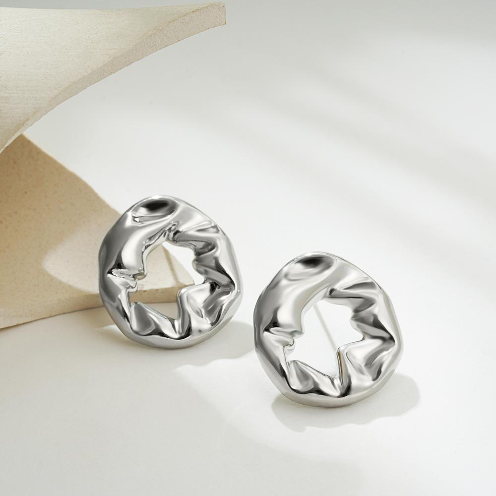 Simple Round Hollow Stud Earrings for Women Fashion Gold Plated Irregular Fold Texture Geometric Earring Trendy Jeweley Gift