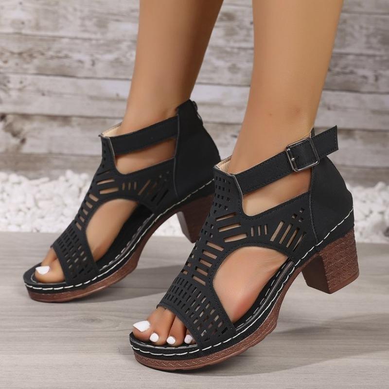 Large Size Women's Shoes Summer New Thick Heels High Heels Hollow Fish Mouth Sandals Women