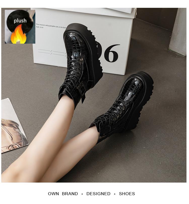 Fashion 8cm Genuine Leather Ankle Boots Platform Wedge Chunky Sneakers Mid Calf Booties Autumn Winter Zipper Plush Women Shoes