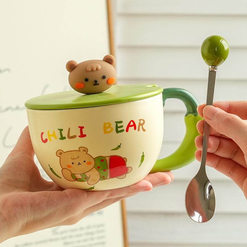 Cute And High-Value Bear Ceramic Cup With Lid And Spoon, Home Office Couple Water Cup Girl Gift