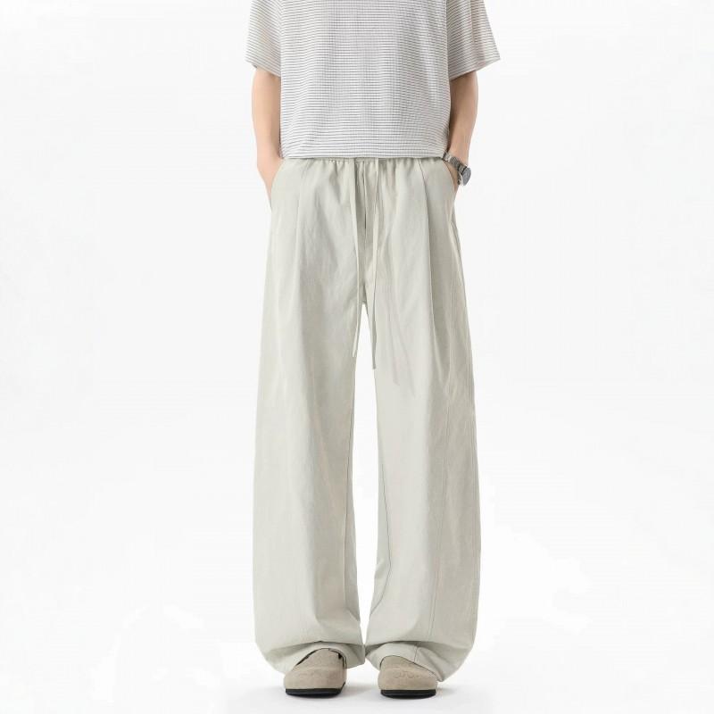 Mens Casual Pants Solid Color Splicing Straight Leg Trousers Retro Pleated High Street Drawstring Loose Fit