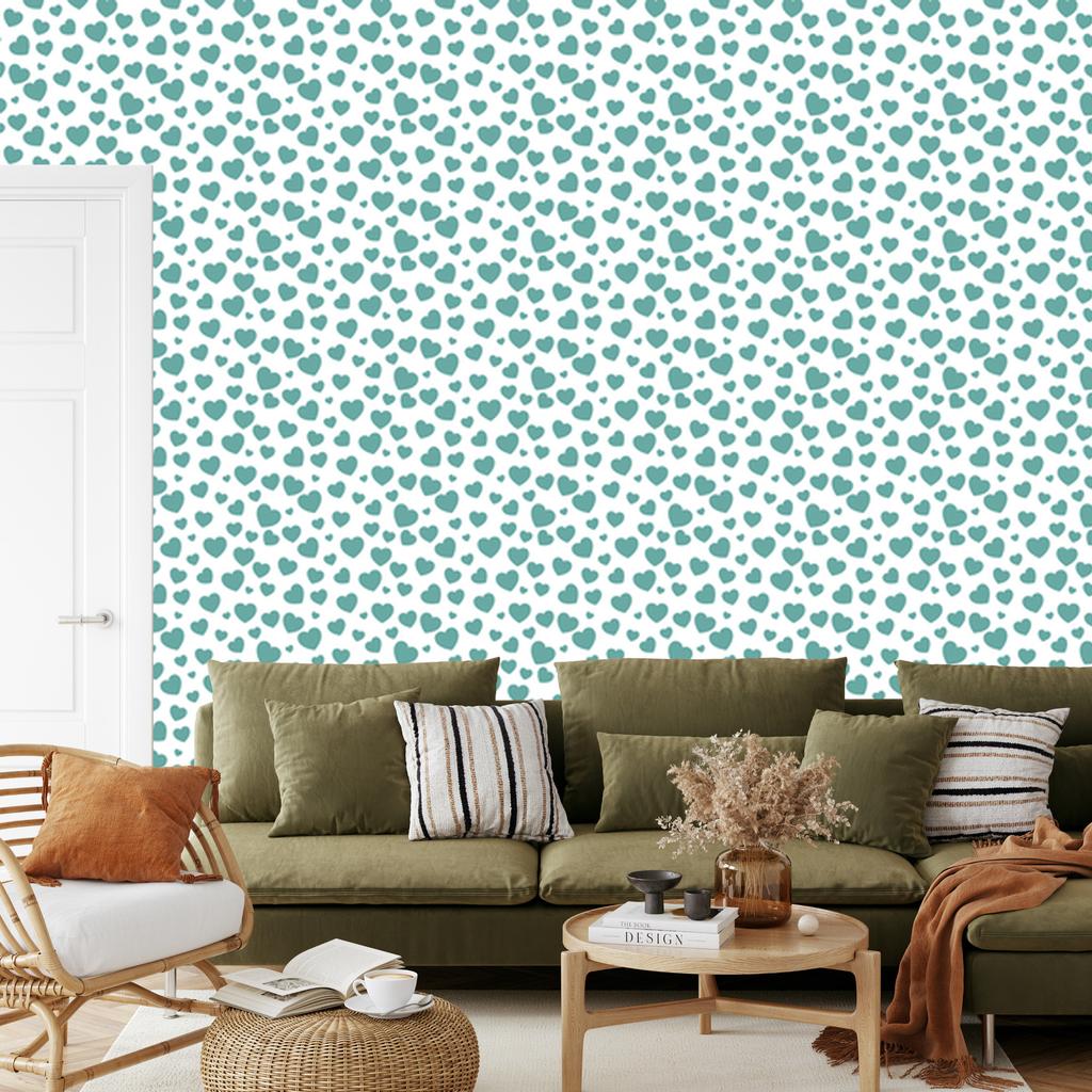 Heart Wallpaper White, Sea Blue, Mint and Light Gray 50x1000