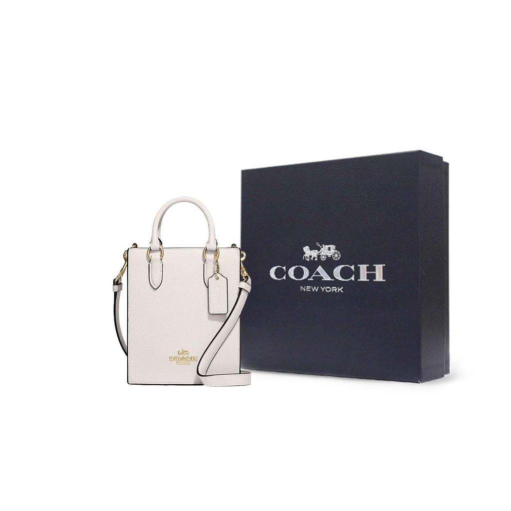 Coach N/S 14 Massivgold Logo Namensschild Beschläge Kieselsteinleder Tragetasche Einkaufstasche Schulter Crossbody Handtasche Mini Damen-Tote Weiß CJ500-IMCHK