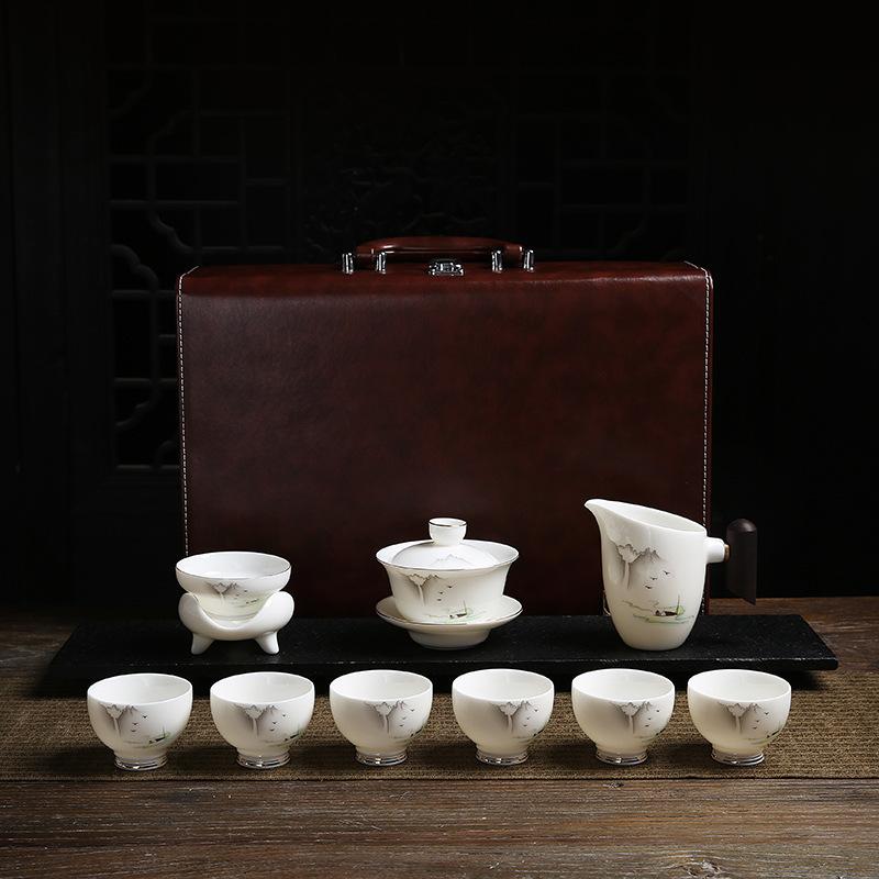 High-end suet jade kung fu tea set, high-end gifts for customers, company business gifts