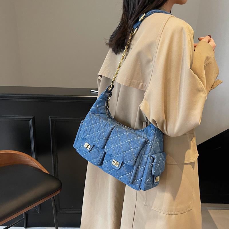 2025 Ming New Casual Versatile Washed Multi-Pocket Denim Bag Chain One Shoulder Underarm Bag Women's Bag