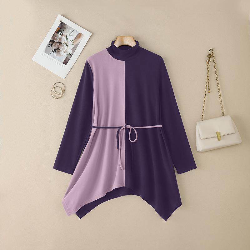 

ZANZEA Women Turtleneck Long Sleeve Patchwork Irregular Hem Casual Blouse M фіолетовий