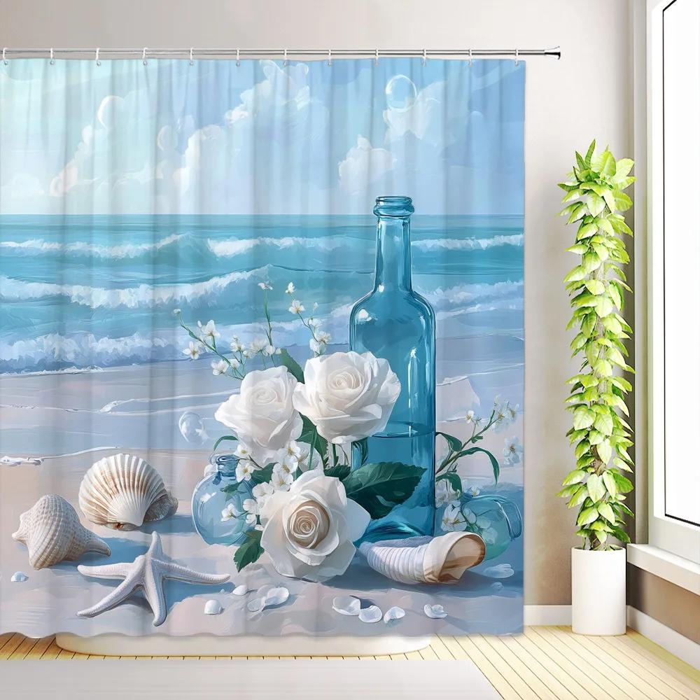 JY01Tropischer Strand Palme Duschvorhang Ozean Seestern Rose Blume Pflanzen Sonnenuntergang Aquarell Landschaft Badezimmerdeko mit Ho@1