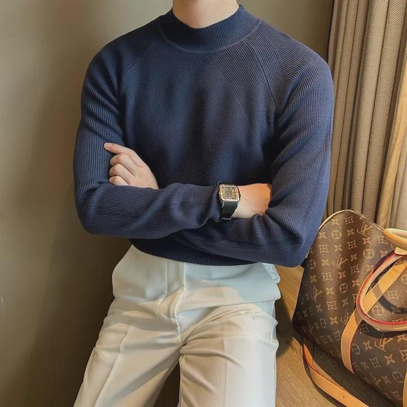Irregular Tassel Solid Color Half Turtleneck Men's Sweater - Slim Fit, Warm, Trendy Style for Autumn and Winter
