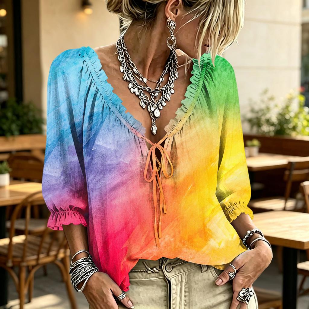 Women's V-Neck Plaid Print Blouse with Ruffle Trim and Tie Front